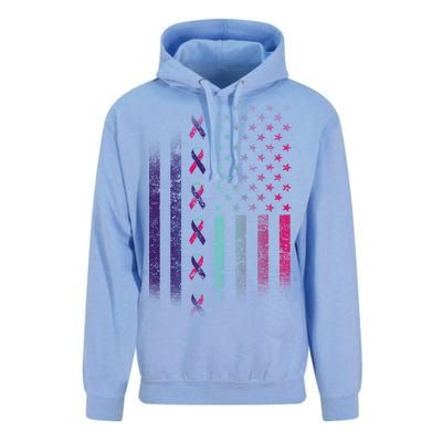 Blue Pink Teal Ribbon Flag Thyroid Cancer Awareness Unisex Surf Hoodie