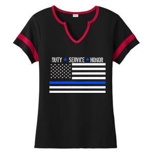 Blue Ribbon USA Flag Support Police Ladies Halftime Notch Neck Tee