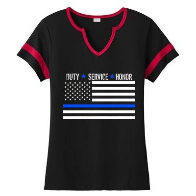 Blue Ribbon USA Flag Support Police Ladies Halftime Notch Neck Tee