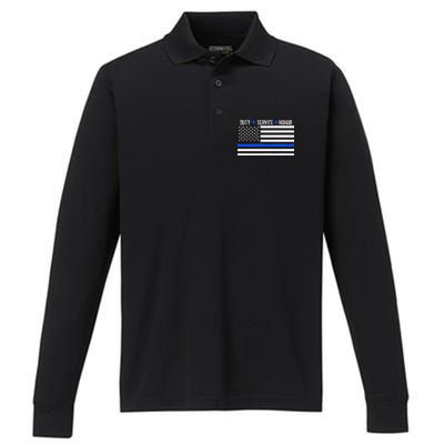 Blue Ribbon USA Flag Support Police Performance Long Sleeve Polo