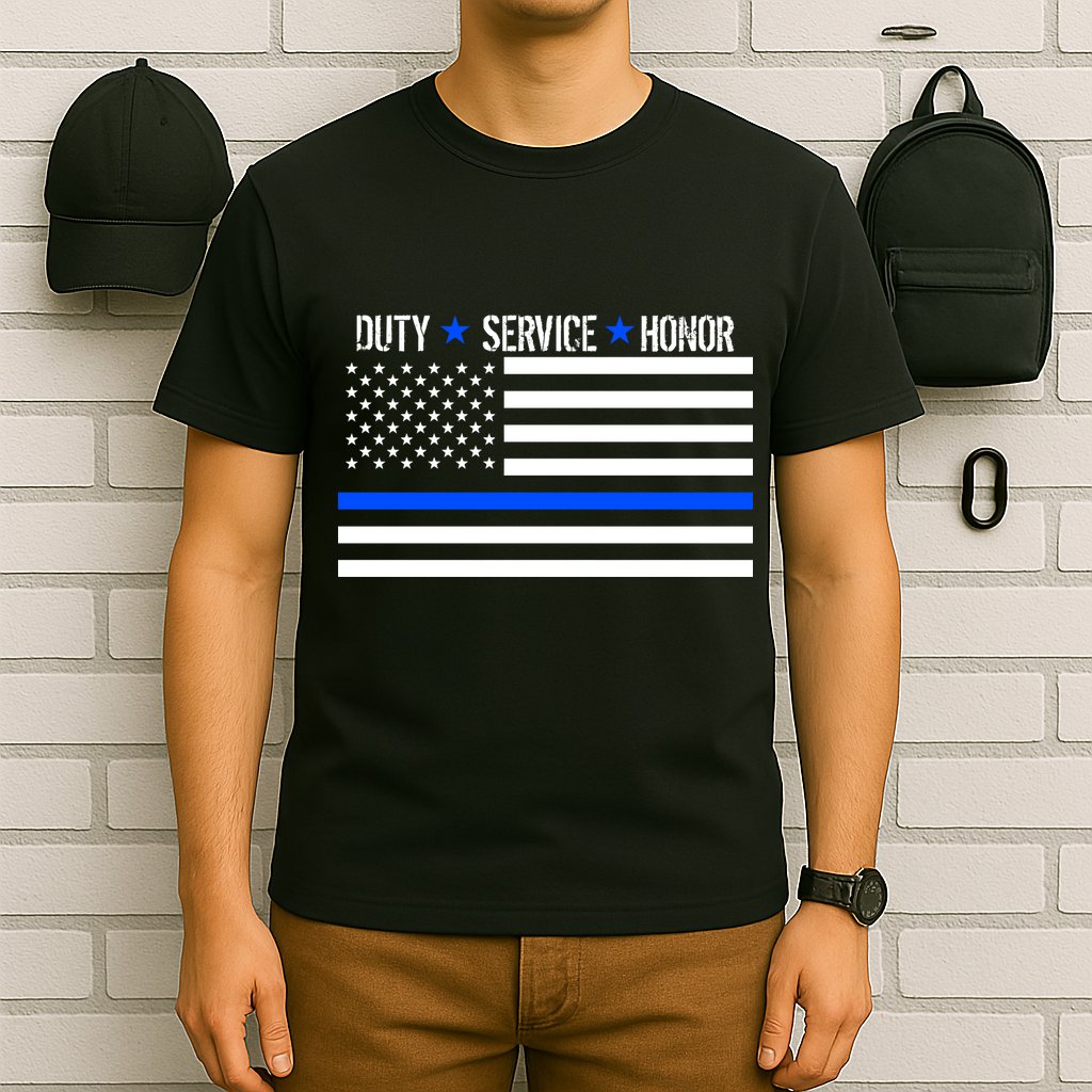 Blue Ribbon USA Flag Support Police T-Shirt