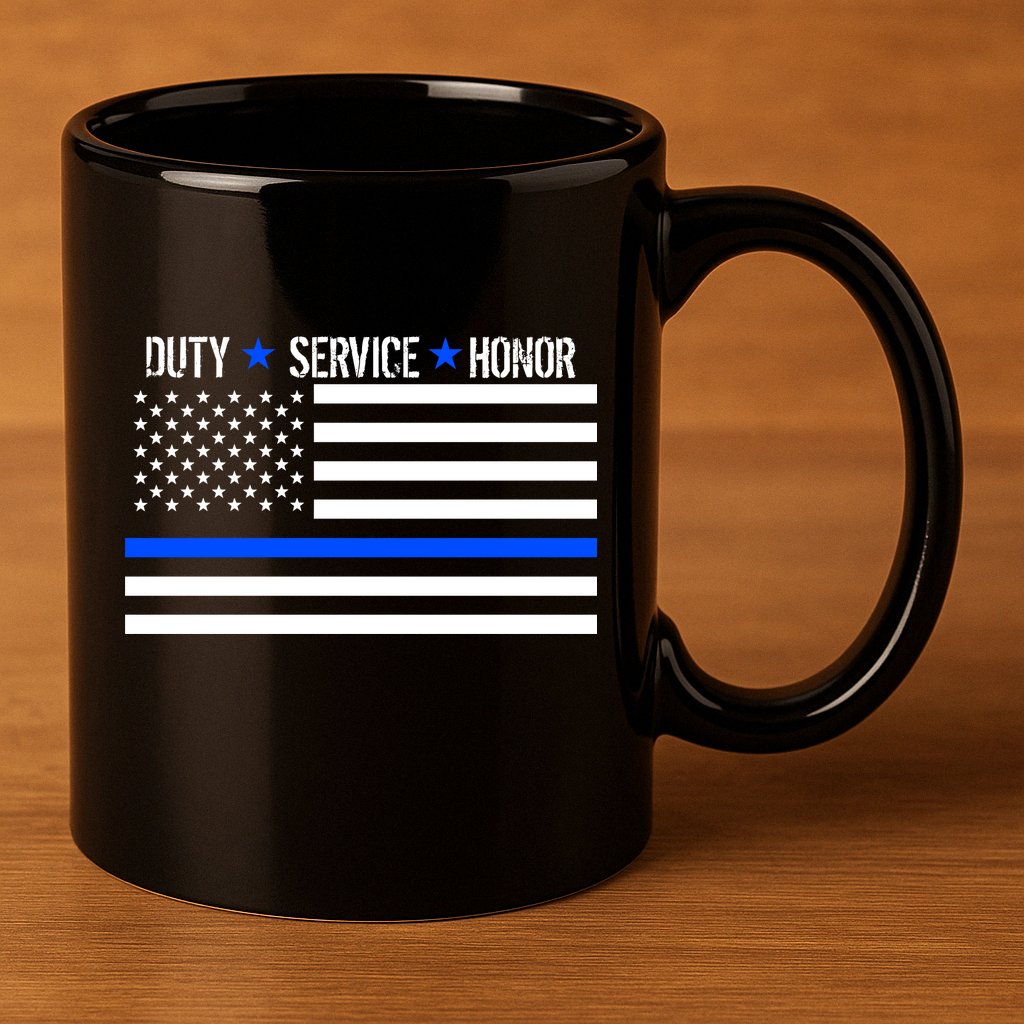 Blue Ribbon USA Flag Support Police 11oz C Handle Ceramic Mug