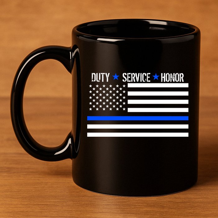 Blue Ribbon USA Flag Support Police 11oz C Handle Ceramic Mug