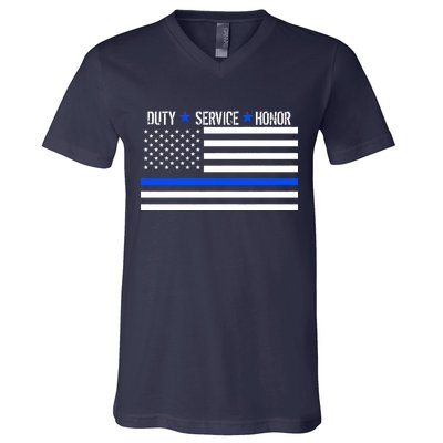 Blue Ribbon USA Flag Support Police V-Neck T-Shirt