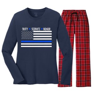 Blue Ribbon USA Flag Support Police Women's Long Sleeve Flannel Pajama Set 