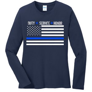 Blue Ribbon USA Flag Support Police Ladies Long Sleeve Shirt