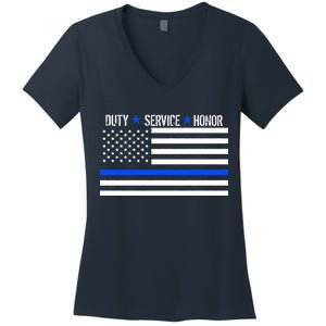 Blue Ribbon USA Flag Support Police Women's V-Neck T-Shirt