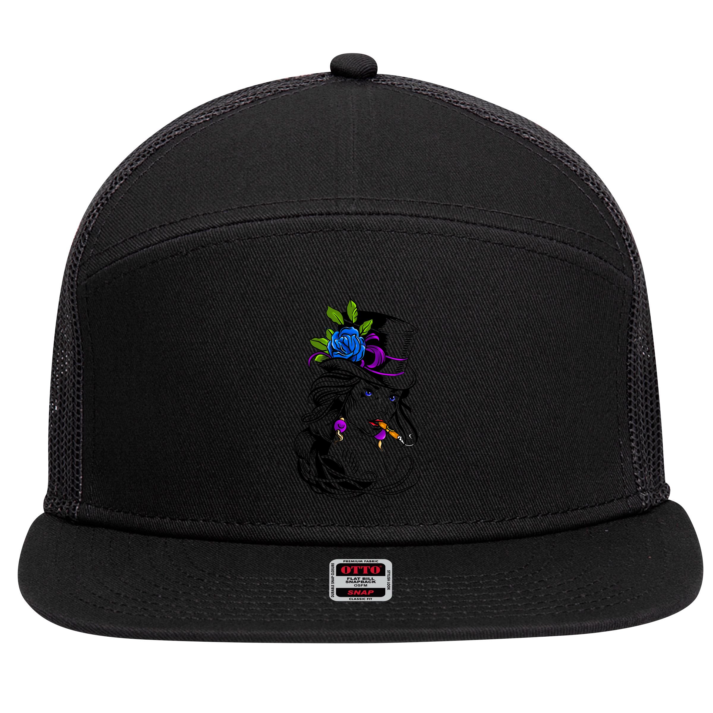 Blue Rose Smoking Lady Icon 7 Panel Mesh Trucker Snapback Hat