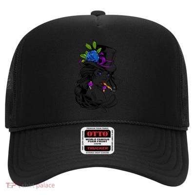 Blue Rose Smoking Lady Icon High Crown Mesh Back Trucker Hat
