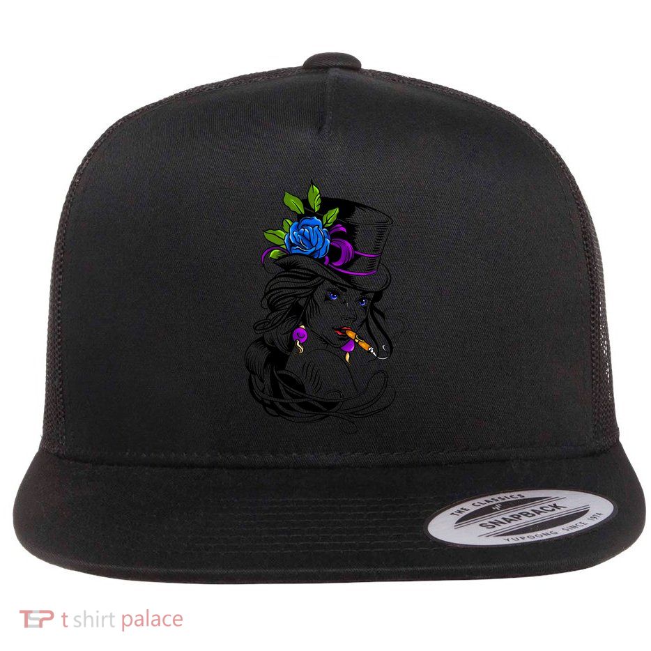 Blue Rose Smoking Lady Icon Flat Bill Trucker Hat