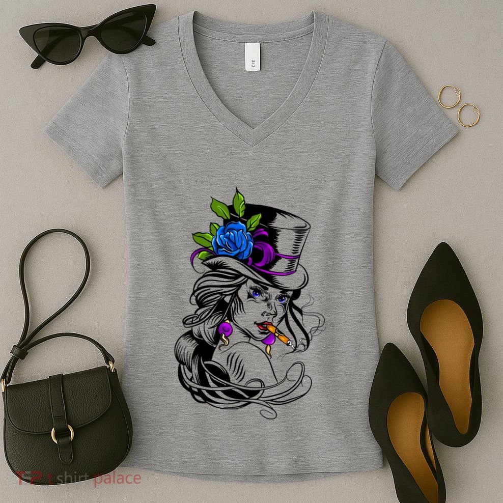 Blue Rose Smoking Lady Icon Women's V-Neck T-Shirt