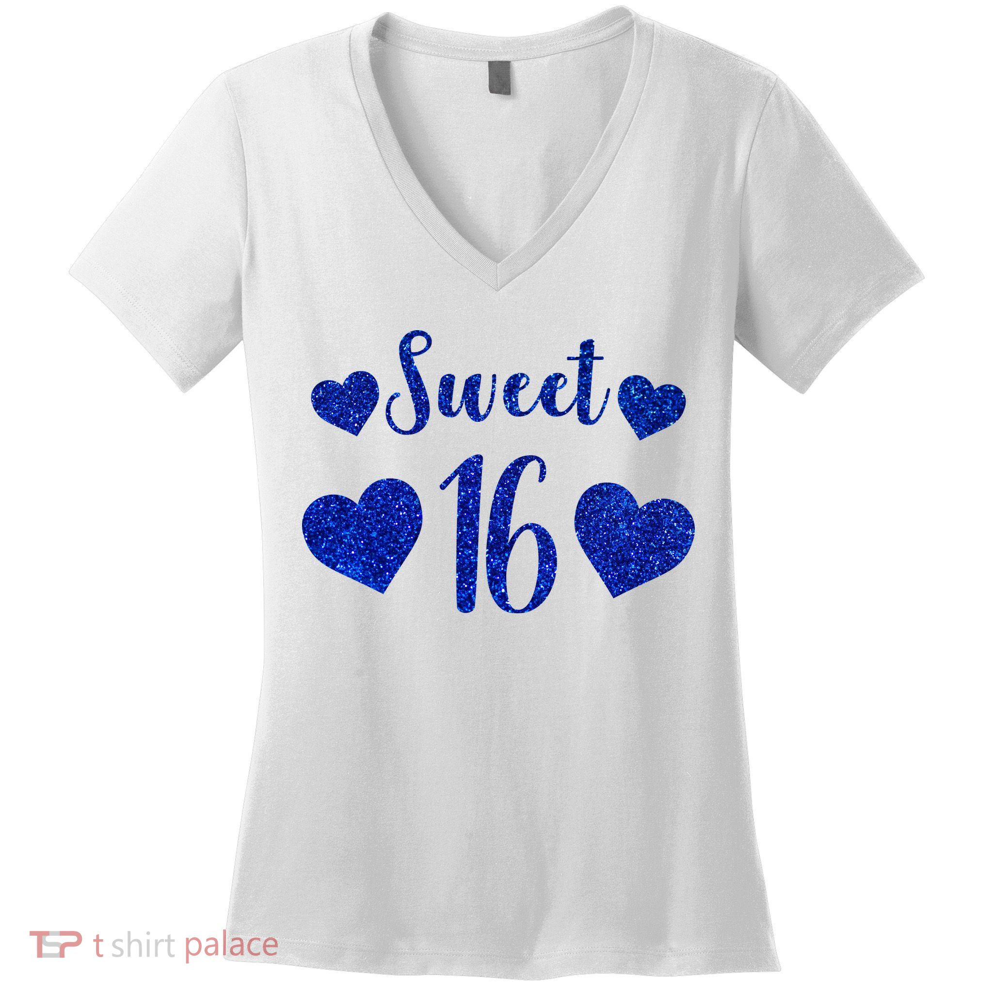  Blue Sparkle Sweet 16 Birthday  Women's V-Neck T-Shirt