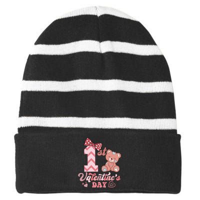 Bear My 1st Valentine's Day Gift For Girl Striped Beanie with Solid Band