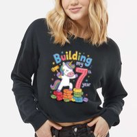 Building My 7th Year Unicorn Funny Design Cropped Pullover Crew