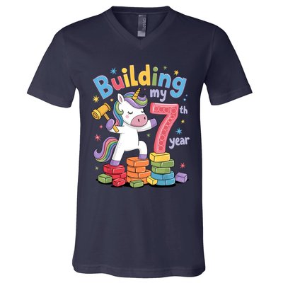 Building My 7th Year Unicorn Funny Design V-Neck T-Shirt