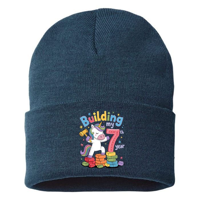 Building My 7th Year Unicorn Funny Design Sustainable Knit Beanie