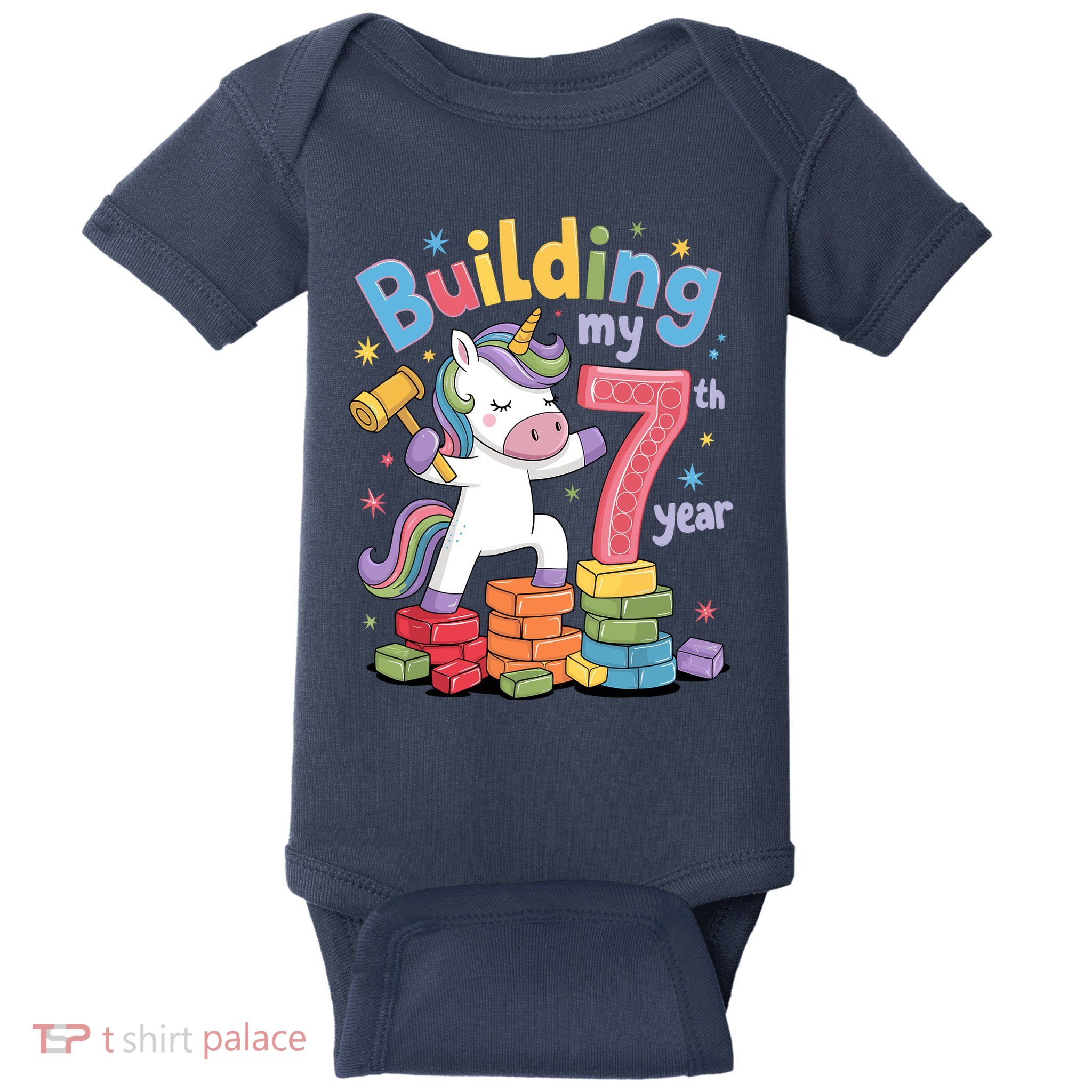 Building My 7th Year Unicorn Funny Design Baby Bodysuit