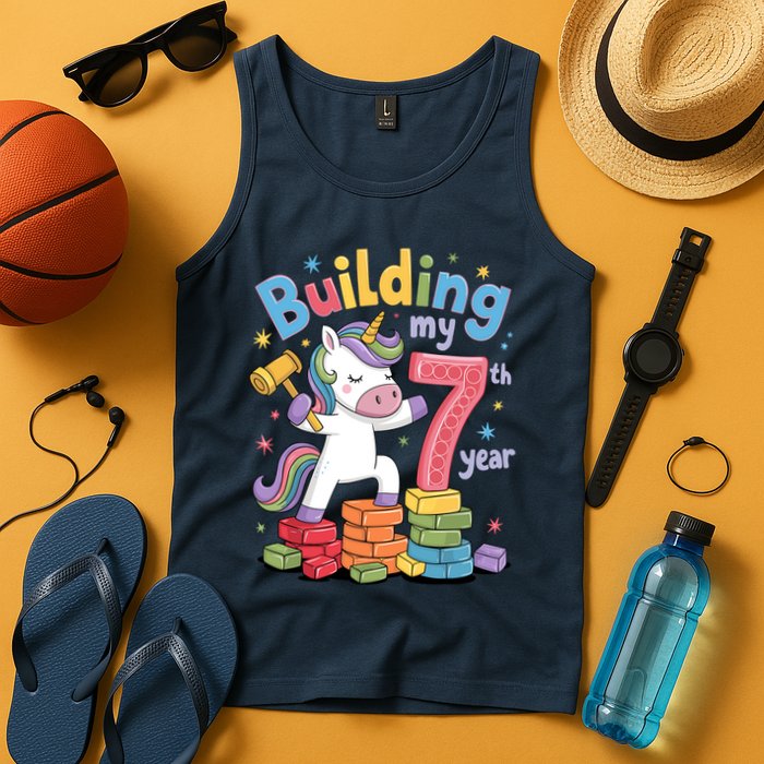 Building My 7th Year Unicorn Funny Design Tank Top