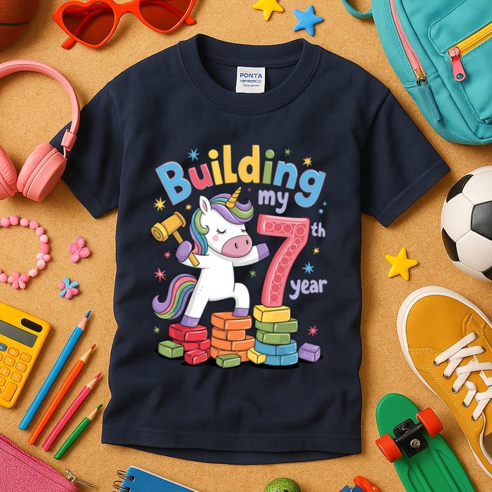 Building My 7th Year Unicorn Funny Design Kids T-Shirt