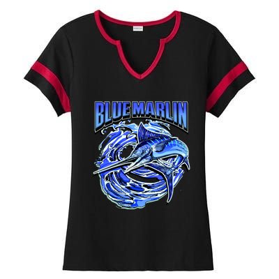 Blue Marlin Action Shot Fishing Ladies Halftime Notch Neck Tee