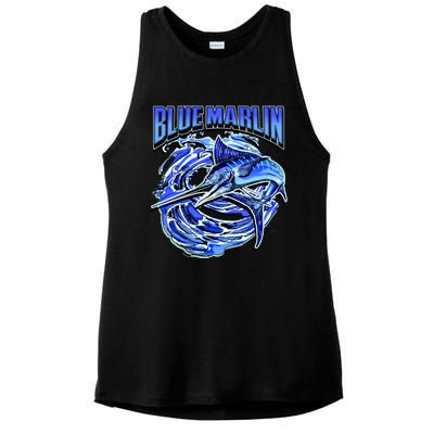 Blue Marlin Action Shot Fishing Ladies PosiCharge Tri-Blend Wicking Tank