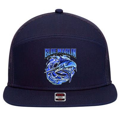 Blue Marlin Action Shot Fishing 7 Panel Mesh Trucker Snapback Hat