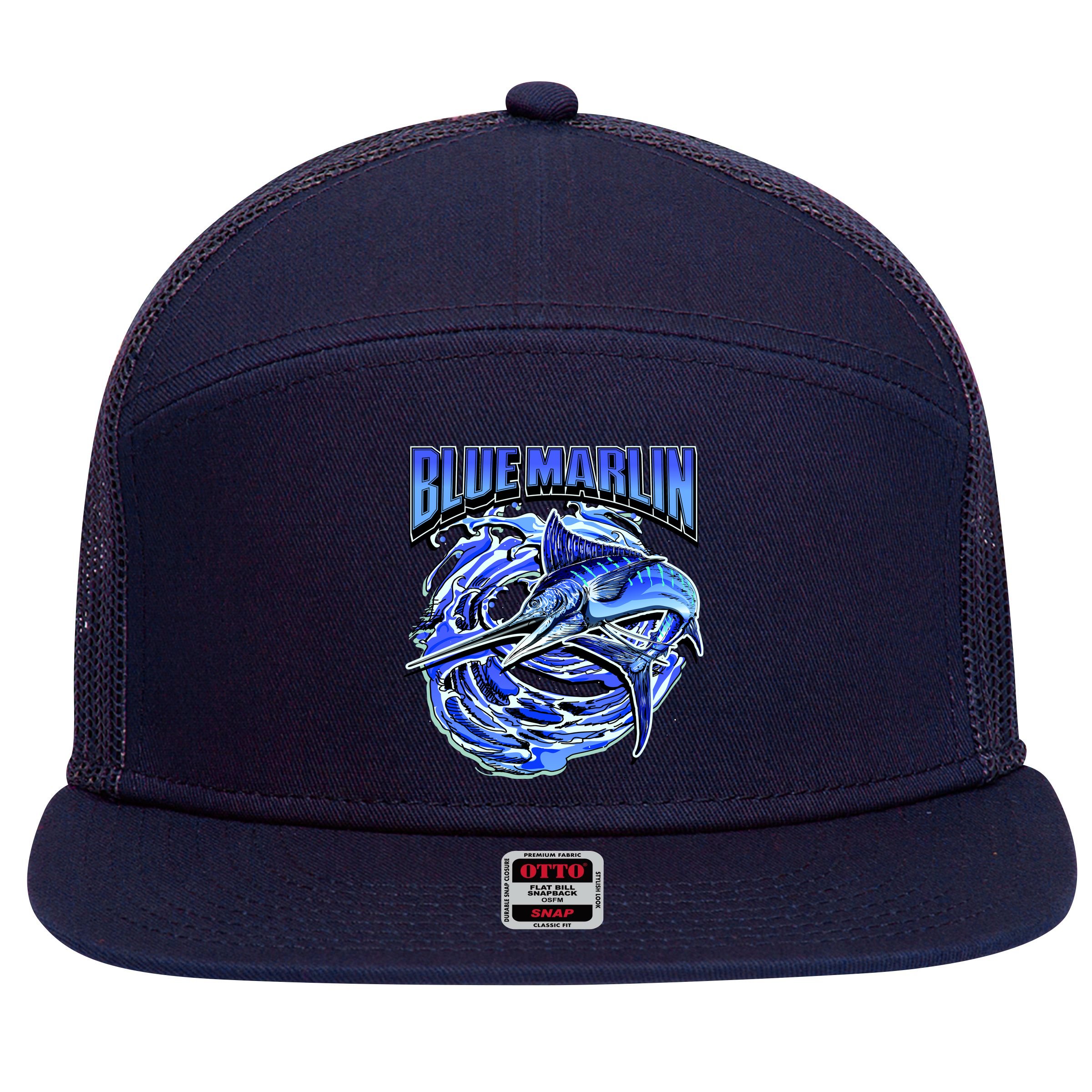 Blue Marlin Action Shot Fishing 7 Panel Mesh Trucker Snapback Hat