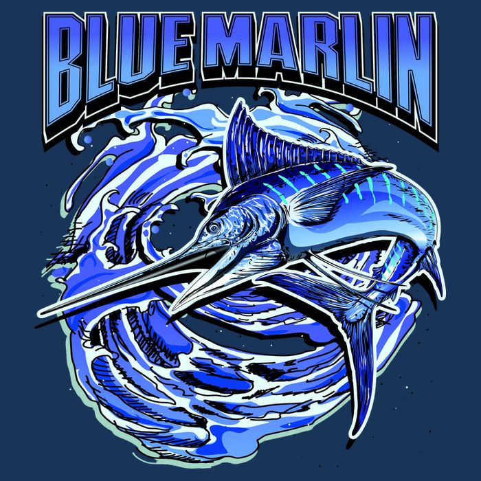 Blue Marlin Action Shot Fishing 7 Panel Mesh Trucker Snapback Hat