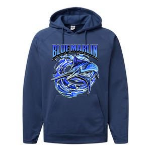 Blue Marlin Action Shot Fishing Performance Fleece Hoodie