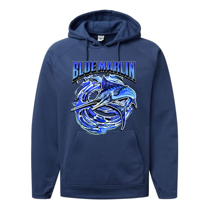 Blue Marlin Action Shot Fishing Performance Fleece Hoodie