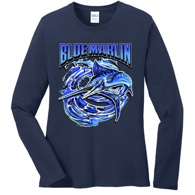 Blue Marlin Action Shot Fishing Ladies Long Sleeve Shirt