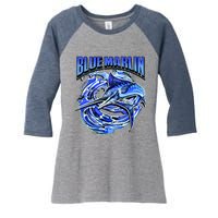 Blue Marlin Action Shot Fishing Women's Tri-Blend 3/4-Sleeve Raglan Shirt