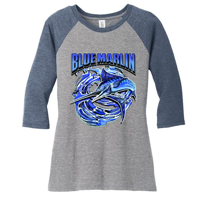 Blue Marlin Action Shot Fishing Women's Tri-Blend 3/4-Sleeve Raglan Shirt