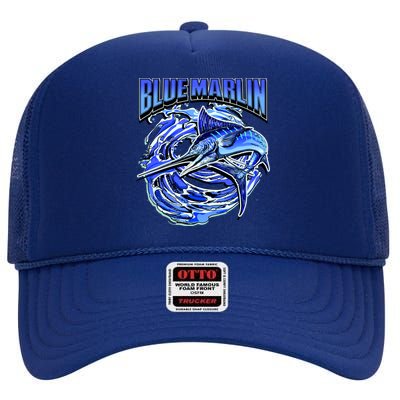 Blue Marlin Action Shot Fishing High Crown Mesh Back Trucker Hat