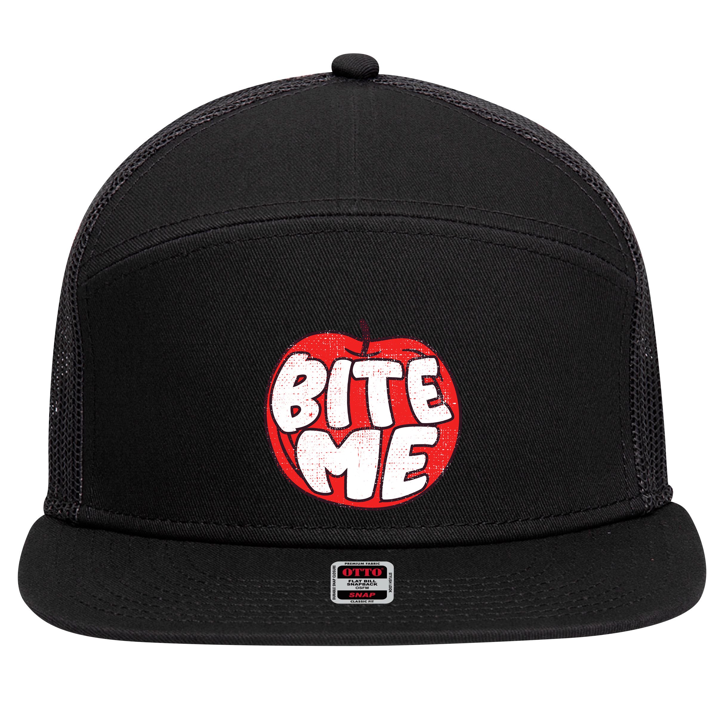 Bite Me Apple Fruit Lover Gift 7 Panel Mesh Trucker Snapback Hat