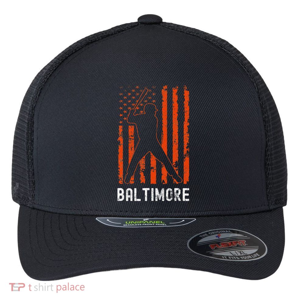 Baltimore Maryland American Flag Baseball Weathered Flexfit Unipanel Trucker Cap
