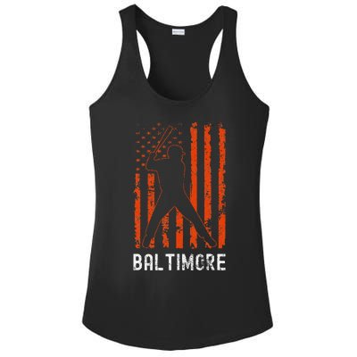 Baltimore Maryland American Flag Baseball Weathered Ladies PosiCharge Competitor Racerback Tank