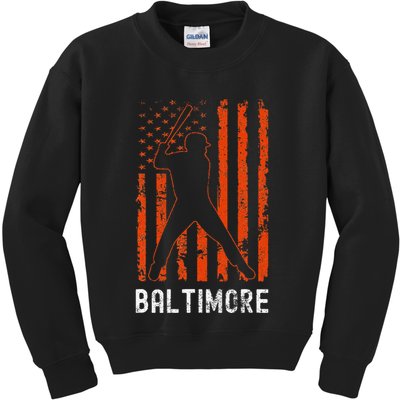 Baltimore Maryland American Flag Baseball Weathered Kids Sweatshirt