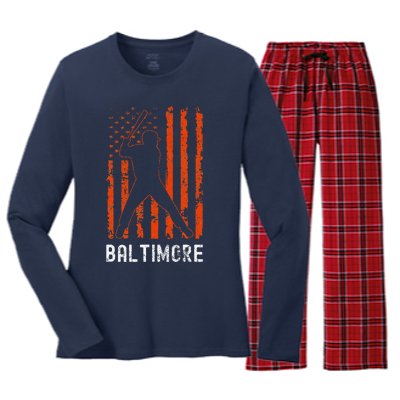 Baltimore Maryland American Flag Baseball Weathered Women's Long Sleeve Flannel Pajama Set 