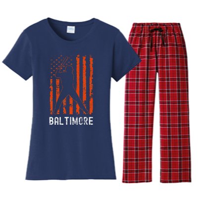 Baltimore Maryland American Flag Baseball Weathered Women's Flannel Pajama Set