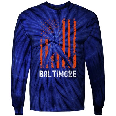 Baltimore Maryland American Flag Baseball Weathered Tie-Dye Long Sleeve Shirt