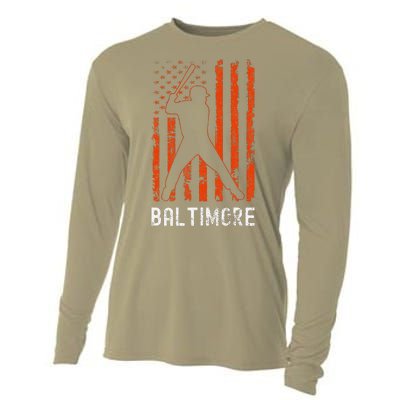 Baltimore Maryland American Flag Baseball Weathered Cooling Performance Long Sleeve Crew