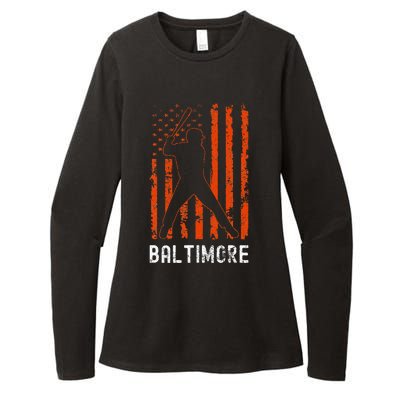 Baltimore Maryland American Flag Baseball Weathered Womens CVC Long Sleeve Shirt