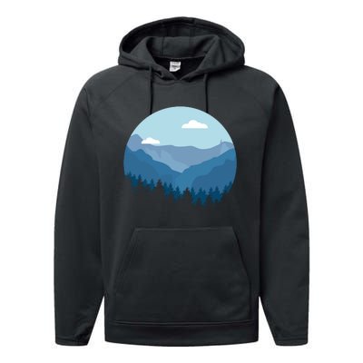 Blue Mountain And Forest Scene Silhouette Performance Fleece Hoodie