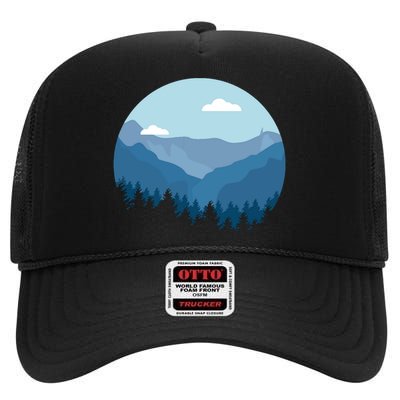 Blue Mountain And Forest Scene Silhouette High Crown Mesh Back Trucker Hat