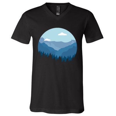 Blue Mountain And Forest Scene Silhouette V-Neck T-Shirt