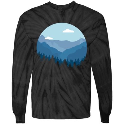 Blue Mountain And Forest Scene Silhouette Tie-Dye Long Sleeve Shirt