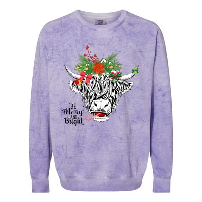 Be Merry And Bright Christmas Highland Cow Farming Farmer Colorblast Crewneck Sweatshirt