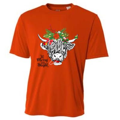 Be Merry And Bright Christmas Highland Cow Farming Farmer Cooling Performance Crew T-Shirt