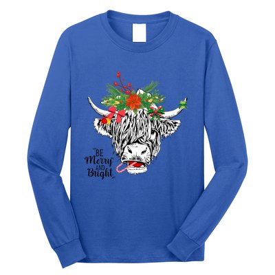 Be Merry And Bright Christmas Highland Cow Farming Farmer Long Sleeve Shirt